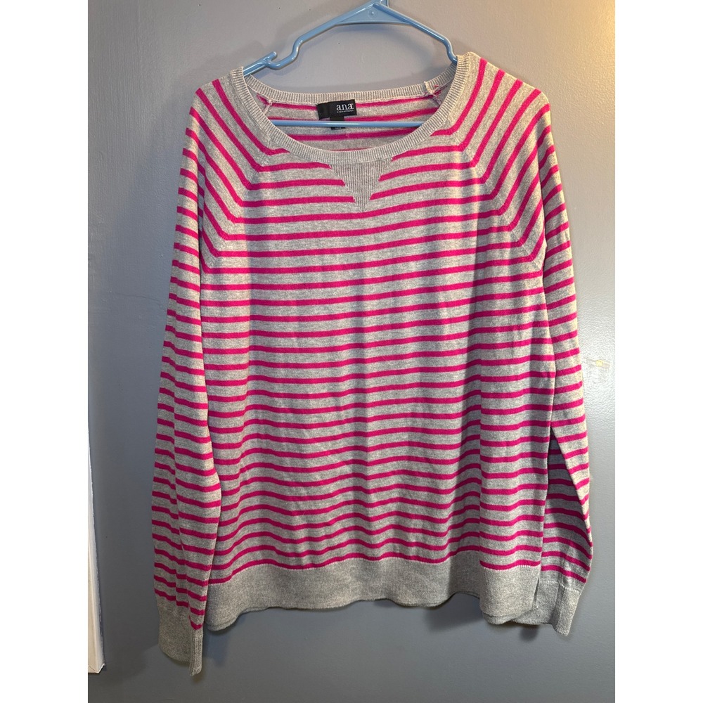 ANA A New Approach Pink Grey Striped‎ Raglan Knit Sweater Large